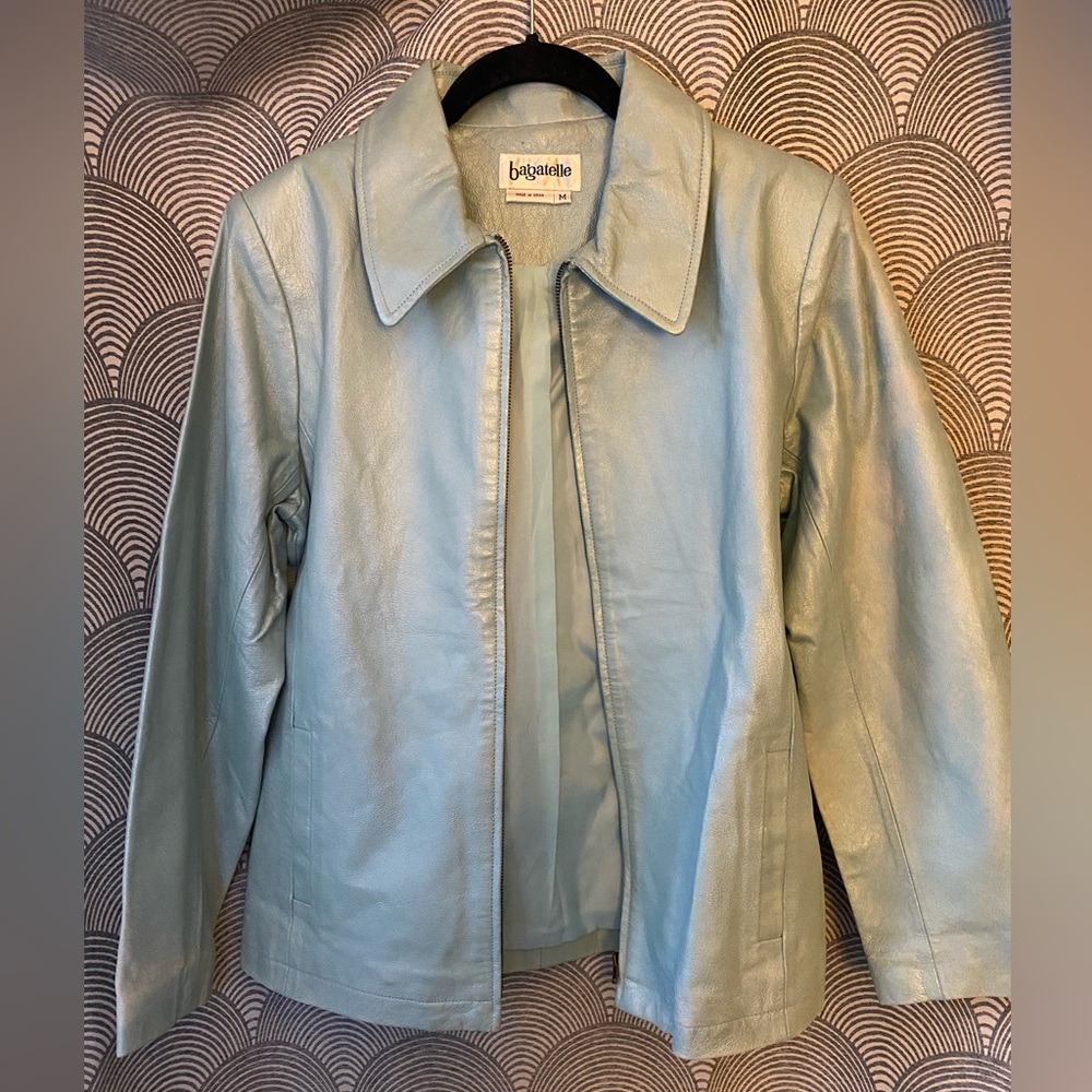 Iridescent Light Blue Genuine Leather Jacket